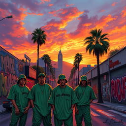 A detailed and atmospheric depiction of Los Angeles in 1992, focusing on Hollywood Street during sunset