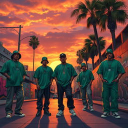 A detailed and atmospheric depiction of Los Angeles in 1992, focusing on Hollywood Street during sunset