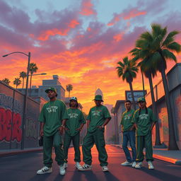 A detailed and atmospheric depiction of Los Angeles in 1992, focusing on Hollywood Street during sunset
