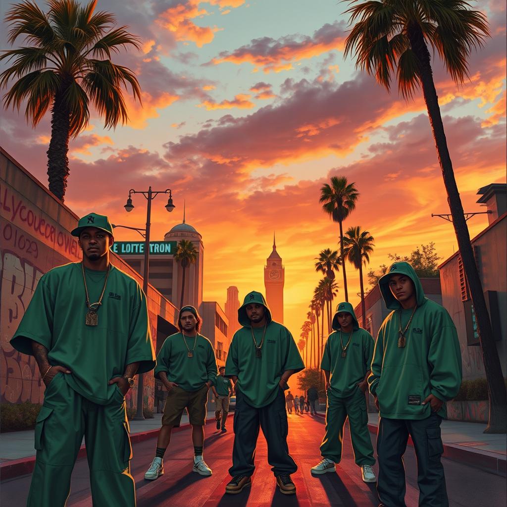 A detailed and atmospheric depiction of Los Angeles in 1992, focusing on Hollywood Street during sunset