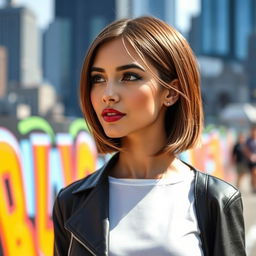 A stunning young woman with striking features, wearing a stylish outfit, and now sporting a sleek bob haircut