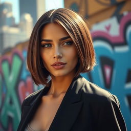 A stunning young woman with striking features, wearing a stylish outfit, and now sporting a sleek bob haircut