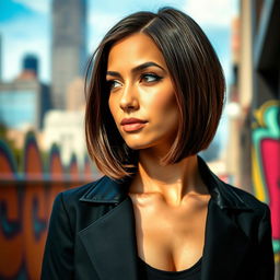 A stunning young woman with striking features, wearing a stylish outfit, and now sporting a sleek bob haircut