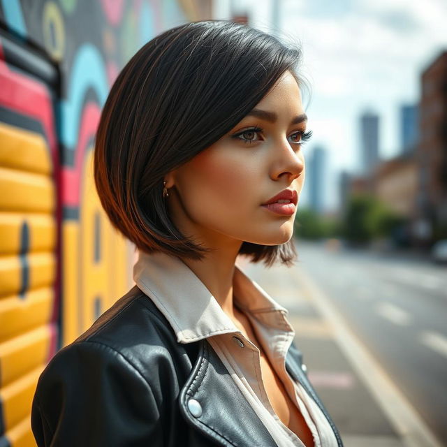 A stunning young woman with striking features, wearing a stylish outfit, and now sporting a sleek bob haircut