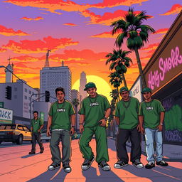 A dynamic and nostalgic illustration of Los Angeles in 1992, inspired by the game Grand Theft Auto: San Andreas