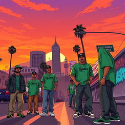 A dynamic and nostalgic illustration of Los Angeles in 1992, inspired by the game Grand Theft Auto: San Andreas