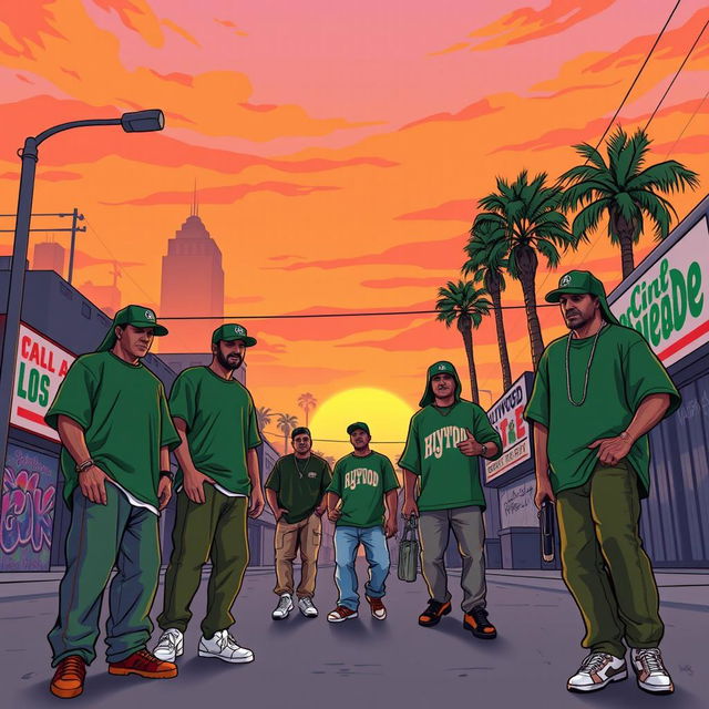 A dynamic and nostalgic illustration of Los Angeles in 1992, inspired by the game Grand Theft Auto: San Andreas