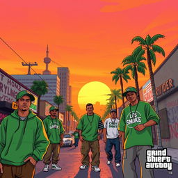 A dynamic and nostalgic illustration of Los Angeles in 1992, inspired by the game Grand Theft Auto: San Andreas