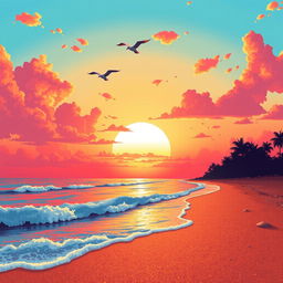 A highly realistic pixel art scene of a beautiful sunset over a serene beach, featuring vibrant orange and pink hues in the sky, with fluffy clouds reflecting the sunset colors