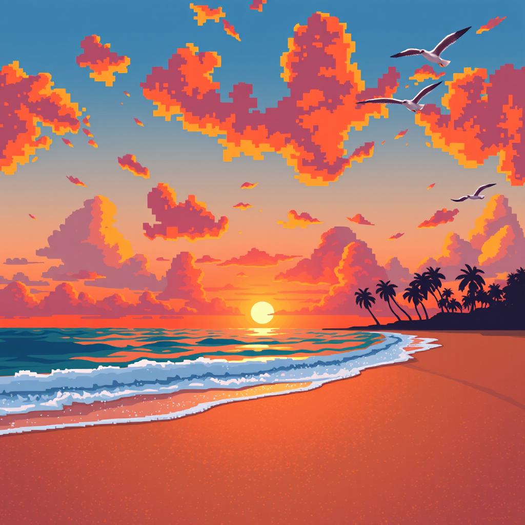 A highly realistic pixel art scene of a beautiful sunset over a serene beach, featuring vibrant orange and pink hues in the sky, with fluffy clouds reflecting the sunset colors