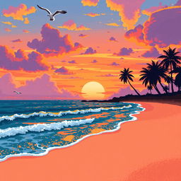 A highly realistic pixel art scene of a beautiful sunset over a serene beach, featuring vibrant orange and pink hues in the sky, with fluffy clouds reflecting the sunset colors