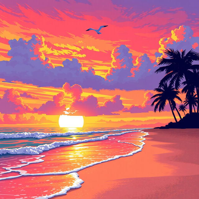 A highly realistic pixel art scene of a beautiful sunset over a serene beach, featuring vibrant orange and pink hues in the sky, with fluffy clouds reflecting the sunset colors