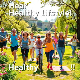 A vibrant and inspiring scene promoting healthy lifestyles, featuring a diverse group of adults engaged in various healthy activities such as jogging, cycling, and practicing yoga in a sunlit park