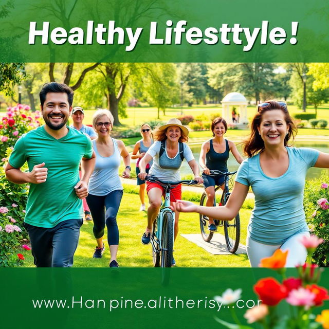 A vibrant and inspiring scene promoting healthy lifestyles, featuring a diverse group of adults engaged in various healthy activities such as jogging, cycling, and practicing yoga in a sunlit park