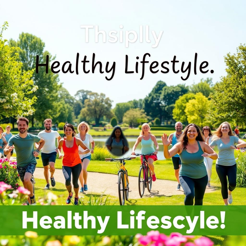 A vibrant and inspiring scene promoting healthy lifestyles, featuring a diverse group of adults engaged in various healthy activities such as jogging, cycling, and practicing yoga in a sunlit park