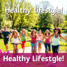 A vibrant and inspiring scene promoting healthy lifestyles, featuring a diverse group of adults engaged in various healthy activities such as jogging, cycling, and practicing yoga in a sunlit park
