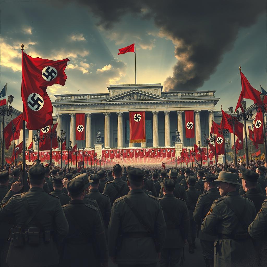 An alternate history illustration depicting a fictional scenario of Nazi Germany celebrating a hypothetical victory over the world in 1974