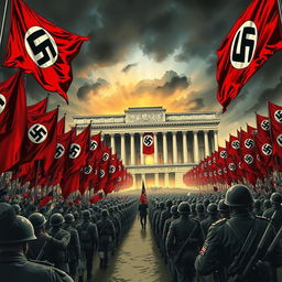 An alternate history illustration depicting a fictional scenario of Nazi Germany celebrating a hypothetical victory over the world in 1974