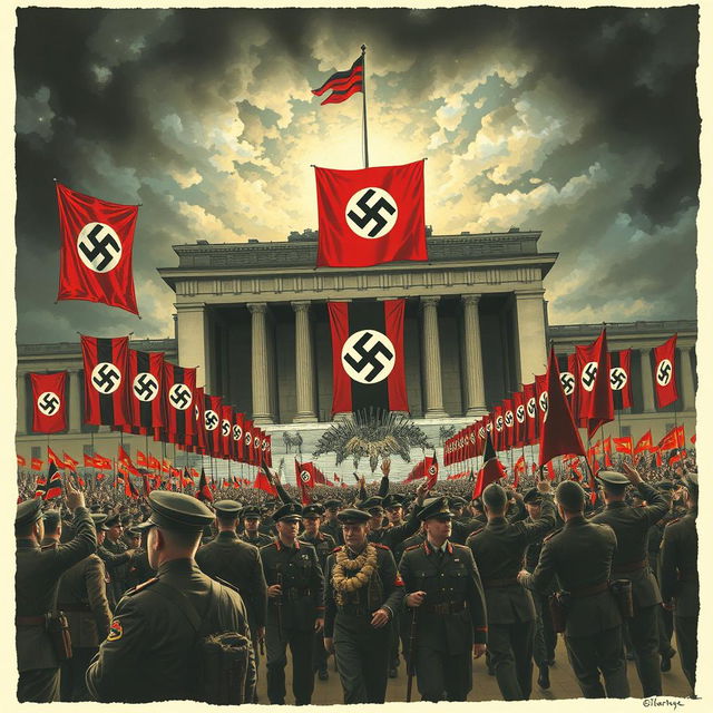 An alternate history illustration depicting a fictional scenario of Nazi Germany celebrating a hypothetical victory over the world in 1974