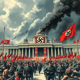 An alternate history illustration depicting a fictional scenario of Nazi Germany celebrating a hypothetical victory over the world in 1974