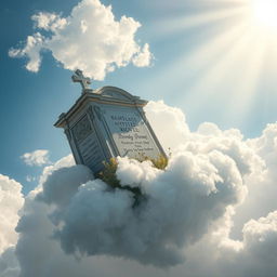 A surreal scene depicting a grave floating in the sky, surrounded by fluffy white clouds and a bright blue sky