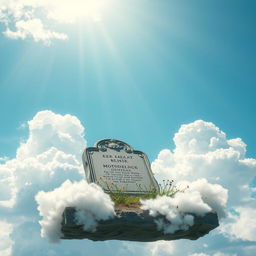 A surreal scene depicting a grave floating in the sky, surrounded by fluffy white clouds and a bright blue sky