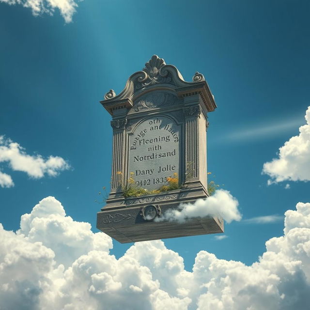 A surreal scene depicting a grave floating in the sky, surrounded by fluffy white clouds and a bright blue sky