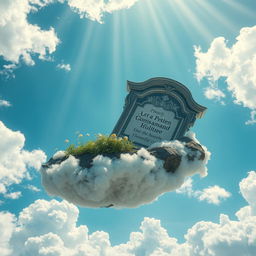 A surreal scene depicting a grave floating in the sky, surrounded by fluffy white clouds and a bright blue sky