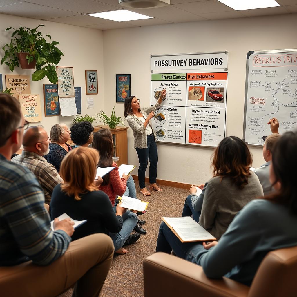 A compelling and educational scene depicting a community meeting focused on preventing risky behaviors