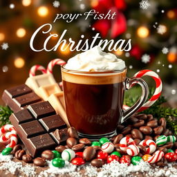 A festive Christmas poster featuring a deliciously rich chocolate theme, showcasing an arrangement of various types of chocolate, coffee beans, and an array of colorful candies