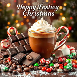 A festive Christmas poster featuring a deliciously rich chocolate theme, showcasing an arrangement of various types of chocolate, coffee beans, and an array of colorful candies