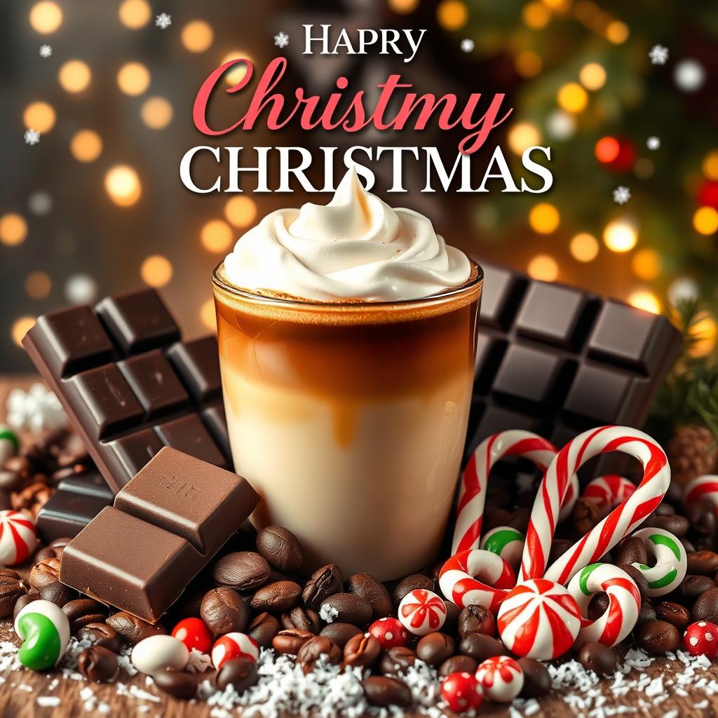 A festive Christmas poster featuring a deliciously rich chocolate theme, showcasing an arrangement of various types of chocolate, coffee beans, and an array of colorful candies