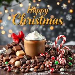 A festive Christmas poster featuring a deliciously rich chocolate theme, showcasing an arrangement of various types of chocolate, coffee beans, and an array of colorful candies