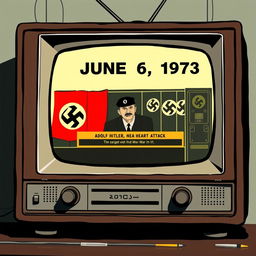 An evocative illustration of an old television set from the 1970s displaying a news broadcast from June 6, 1973