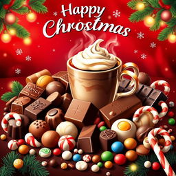 A vibrant Christmas poster celebrating the joy of chocolate, featuring an enticing assortment of chocolates, coffee, and colorful candies