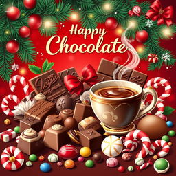A vibrant Christmas poster celebrating the joy of chocolate, featuring an enticing assortment of chocolates, coffee, and colorful candies