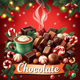 A vibrant Christmas poster celebrating the joy of chocolate, featuring an enticing assortment of chocolates, coffee, and colorful candies