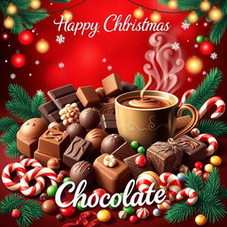 A vibrant Christmas poster celebrating the joy of chocolate, featuring an enticing assortment of chocolates, coffee, and colorful candies