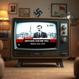 A realistic 3D illustration of an old television set from the 1970s displaying a news broadcast dated June 6, 1973