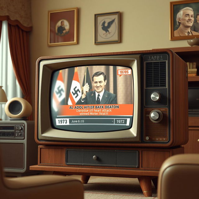 A realistic 3D illustration of an old television set from the 1970s displaying a news broadcast dated June 6, 1973