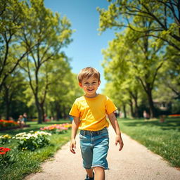 A young boy walking confidently towards the other side of a sunny park, wearing a bright yellow t-shirt and denim shorts