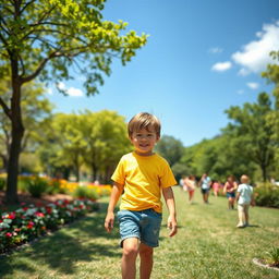 A young boy walking confidently towards the other side of a sunny park, wearing a bright yellow t-shirt and denim shorts