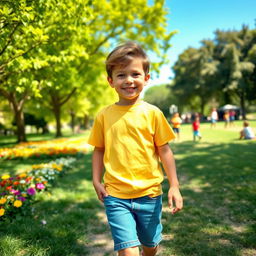 A young boy walking confidently towards the other side of a sunny park, wearing a bright yellow t-shirt and denim shorts