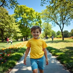 A young boy walking confidently towards the other side of a sunny park, wearing a bright yellow t-shirt and denim shorts