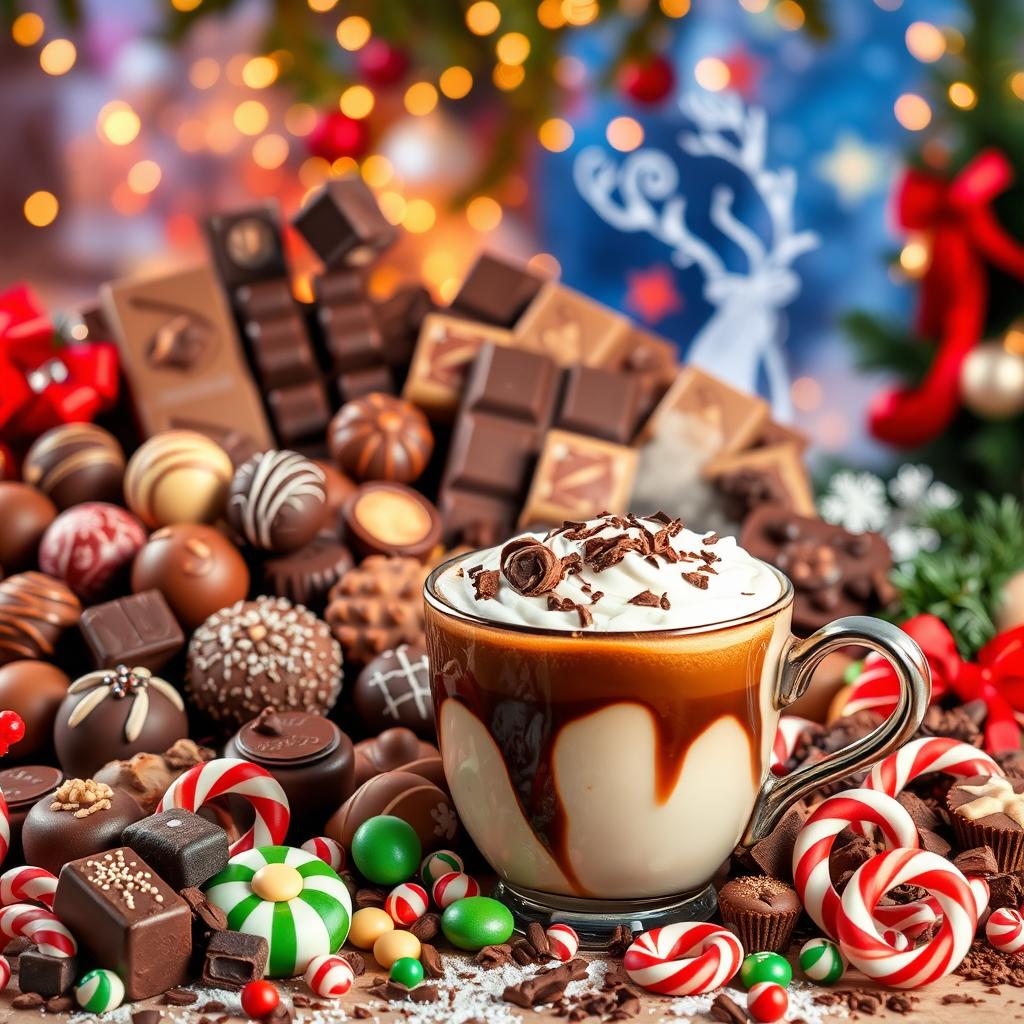 A large, story-sized Christmas poster celebrating the festive joy of chocolate, coffee, and candy