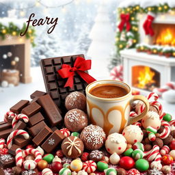 A festive Christmas poster showcasing an abundance of chocolate, coffee, and candy