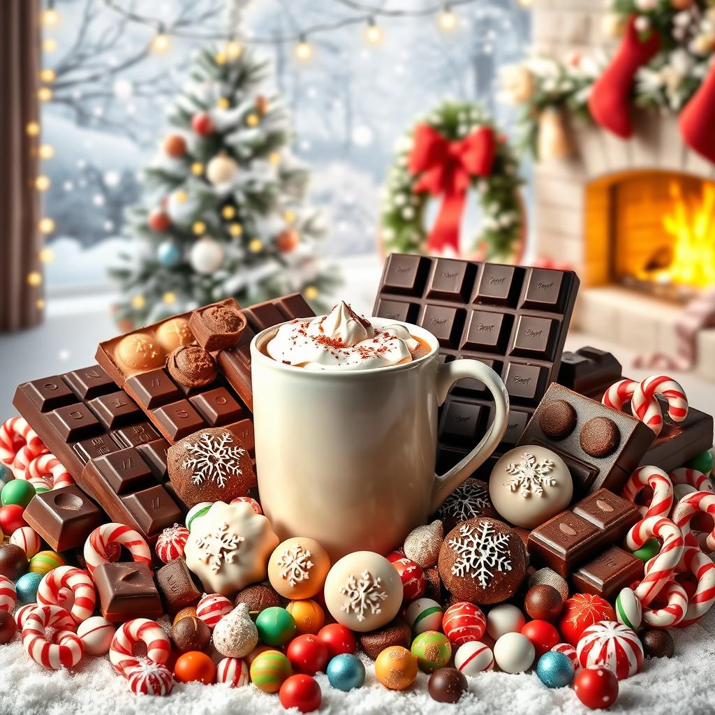 A festive Christmas poster showcasing an abundance of chocolate, coffee, and candy