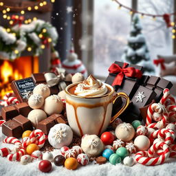 A festive Christmas poster showcasing an abundance of chocolate, coffee, and candy