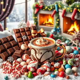 A festive Christmas poster showcasing an abundance of chocolate, coffee, and candy
