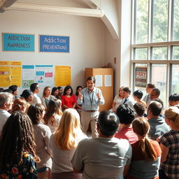 An engaging and positive image highlighting addiction prevention, featuring a diverse group of individuals gathered in a bright community center